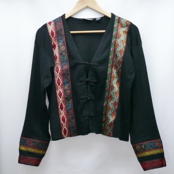 Vintage Sweaters - Carole Little Sweater Small Ribbon Black Knit Cardigan Boho